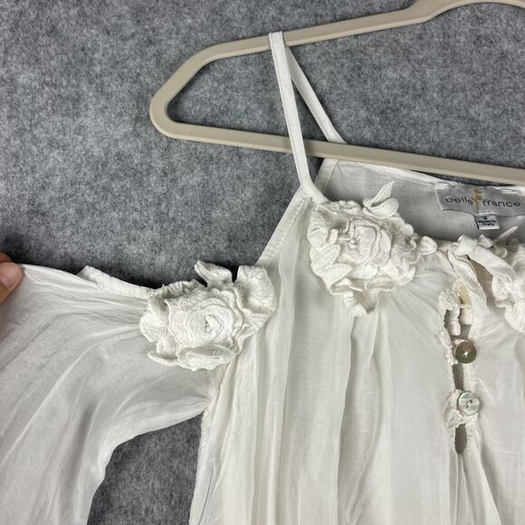Belle France Silk Blend Top Women Small Floral Cold Shoulder Fairy Boho Romantic - Picture 11 of 16